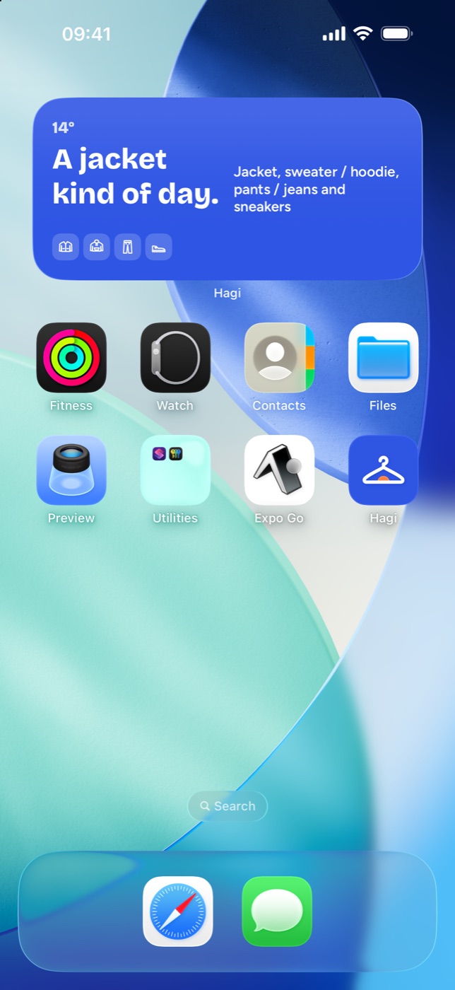 An iPhone Home Screen with Hagi’s medium widget: 14°, “A jacket kind of day.”, jacket, sweater or hoodie, pants and sneakers.