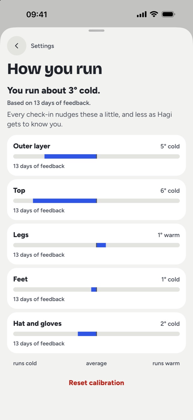 How you run: “You run about 3° cold,” based on 13 days of feedback, with an offset for each layer.