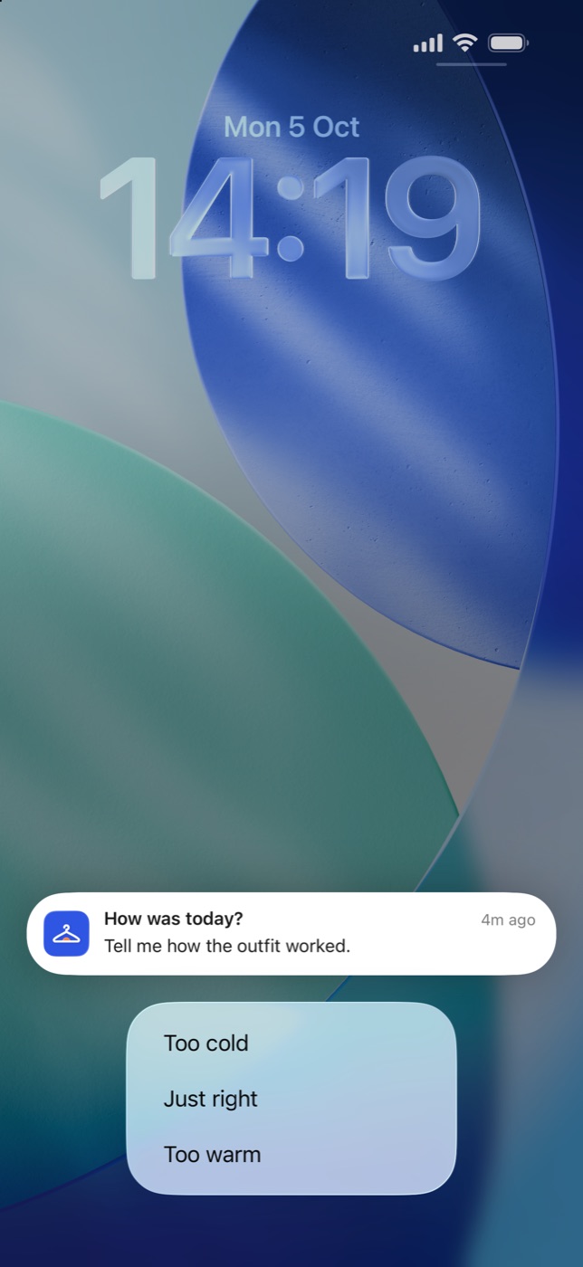 A Lock Screen notification from Hagi, “How was today?”, with the answers Too cold, Just right and Too warm.