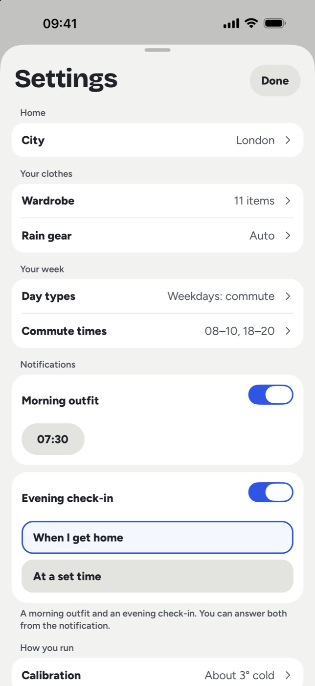 Settings: city, wardrobe, rain gear, day types, commute times and notifications.